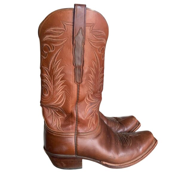 Lucchese Handmade Brown Leather Cowboy Boots Square Toe Mens Sz 10 USA - Picture 11 of 13